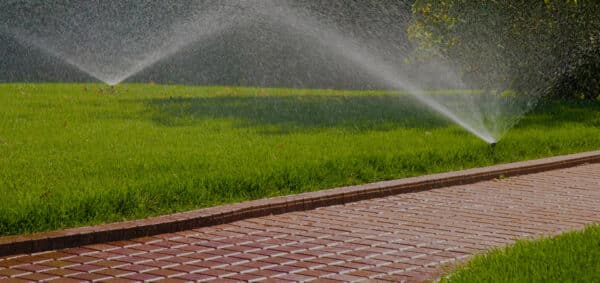 Sprinkler System next to a walkway in a landscaped lawn
