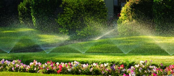 Sprinklers in a garden with flowers and a healthy lawn