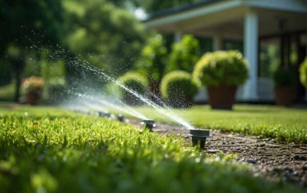 Underground sprinkler system watering a lawn