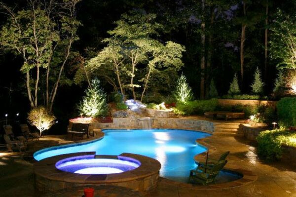 Swimming Pool with Exterior Landscape Lighting